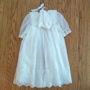 Beautiful Christening Gown 3-12 Mos. Eyelet Embroidered 24" Long 2 Piece Set